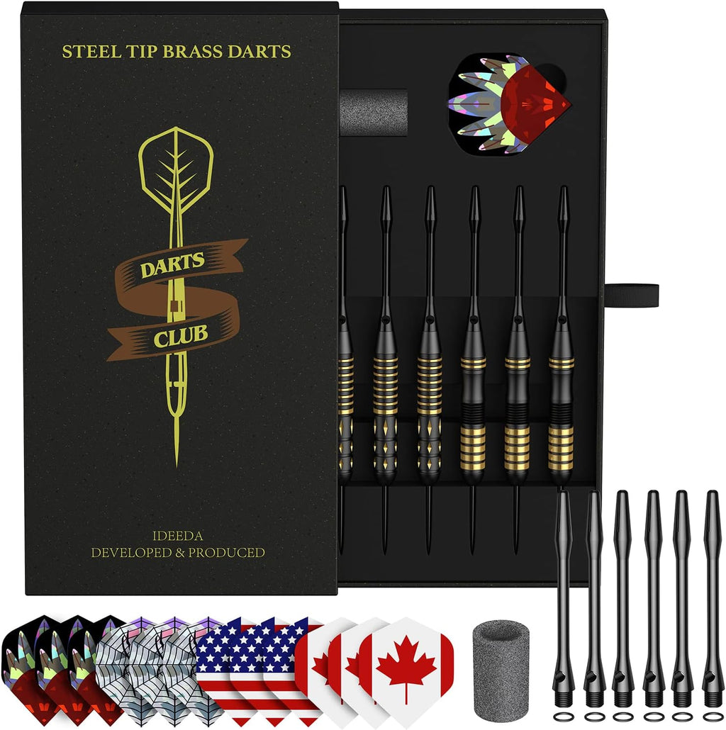 Steel Tip Dart Brass Barrels Professional Darts Set, Metal Tipped Darts 6 Pack + 12 Aluminum Shafts + 12 Flights + 1 Sharpener